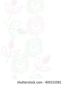 Seamless vertical pattern of stylized rosy,leaves,  floral, spirals, branches, buds, copy space. Hand drawn.