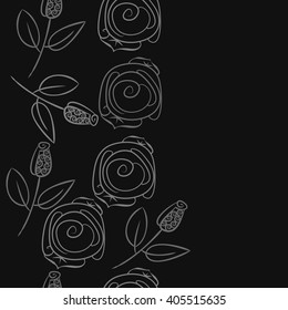 Seamless vertical pattern of stylized rosy,leaves,  floral, spirals, branches, buds, copy space. Hand drawn.