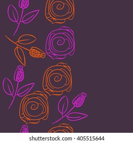 Seamless vertical pattern of stylized rosy,leaves,  floral, spirals, branches, buds, copy space. Hand drawn.