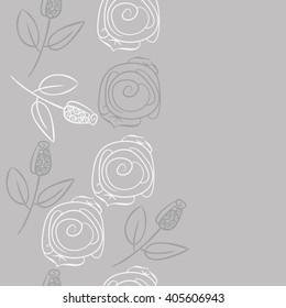Seamless vertical pattern of stylized rosy,leaves,  floral, spirals, branches, buds, copy space. Hand drawn.