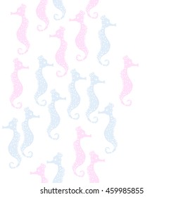 Seamless  vertical  pattern of  stylized  sea  motif, doodles,  spot,hole,sea Horses, spirals, object, copy space  . Hand drawn.