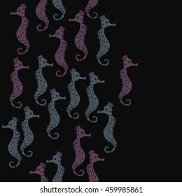 Seamless  vertical  pattern of  stylized  sea  motif, doodles,  spot,hole,sea Horses, spirals, object, copy space  . Hand drawn.