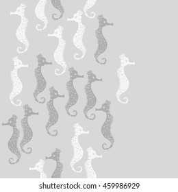 Seamless  vertical  pattern of  stylized  sea  motif, doodles,  spot,hole,sea Horses, spirals, object, copy space  . Hand drawn.