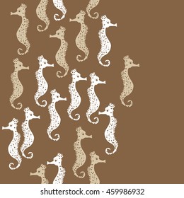 Seamless  vertical  pattern of  stylized  sea  motif, doodles,  spot,hole,sea Horses, spirals, object, copy space  . Hand drawn.