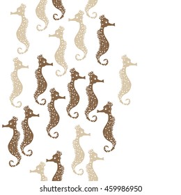 Seamless  vertical  pattern of  stylized  sea  motif, doodles,  spot,hole,sea Horses, spirals, object, copy space  . Hand drawn.