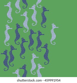 Seamless  vertical  pattern of  stylized  sea  motif, doodles,  spot,hole,sea Horses, spirals, object, copy space  . Hand drawn.