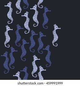 Seamless  vertical  pattern of  stylized  sea  motif, doodles,  spot,hole,sea Horses, spirals, object, copy space  . Hand drawn.