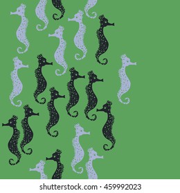 Seamless  vertical  pattern of  stylized  sea  motif, doodles,  spot,hole,sea Horses, spirals, object, copy space  . Hand drawn.