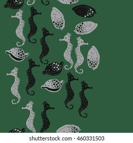 Seamless vertical  pattern of  stylized  sea  motif, doodles,  spot,hole,sea Horses, shells, cowries, spirals, object, copy space . Hand drawn.