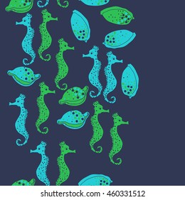 Seamless vertical  pattern of  stylized  sea  motif, doodles,  spot,hole,sea Horses, shells, cowries, spirals, object, copy space . Hand drawn.
