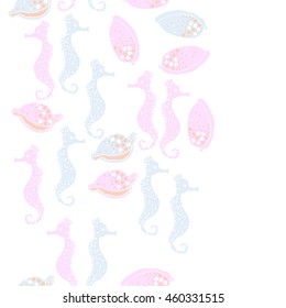 Seamless vertical  pattern of  stylized  sea  motif, doodles,  spot,hole,sea Horses, shells, cowries, spirals, object, copy space . Hand drawn.