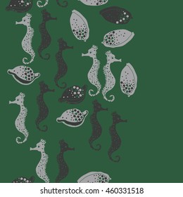 Seamless vertical  pattern of  stylized  sea  motif, doodles,  spot,hole,sea Horses, shells, cowries, spirals, object, copy space . Hand drawn.