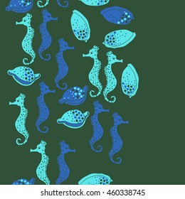 Seamless vertical  pattern of  stylized  sea  motif, doodles,  spot,hole,sea Horses, shells, cowries, spirals, object, copy space . Hand drawn.