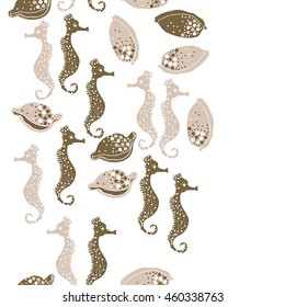 Seamless vertical  pattern of  stylized  sea  motif, doodles,  spot,hole,sea Horses, shells, cowries, spirals, object, copy space . Hand drawn.