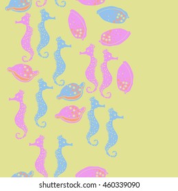 Seamless vertical  pattern of  stylized  sea  motif, doodles,  spot,hole,sea Horses, shells, cowries, spirals, object, copy space . Hand drawn.