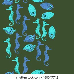 Seamless vertical  pattern of  stylized  sea  motif, doodles,  spot,hole,sea Horses, shells, cowries, spirals, object, copy space . Hand drawn.