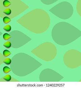 Seamless vertical pattern. Stylized yellow and green leaves are scattered on a light green background. On the left there is a vertical strip of volumetric shiny objects resembling leaves or drops of g