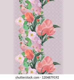 Seamless vertical pattern with tulips and different flowers. Natural delicate ornament. Vector style background. Use for textile design, embroidery, braid, tape, ribbon.