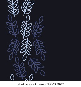 Seamless  vertical pattern of twigs, doodles, leaves,hole, copy space. Hand drawn.