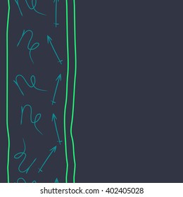 Seamless vertical pattern of zodiac signs motif,sagittarius, capricorn, stripes, object, copy space. Hand drawn.
