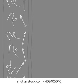 Seamless vertical pattern of zodiac signs motif,sagittarius, capricorn, stripes, object, copy space. Hand drawn.