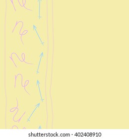 Seamless vertical pattern of zodiac signs motif,sagittarius, capricorn, stripes, object, copy space. Hand drawn.