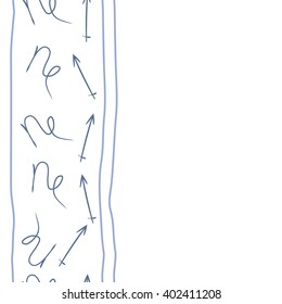 Seamless vertical pattern of zodiac signs motif,sagittarius, capricorn, stripes, object, copy space. Hand drawn.