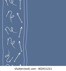 Seamless vertical pattern of zodiac signs motif,sagittarius, capricorn, stripes, object, copy space. Hand drawn.