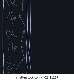 Seamless vertical pattern of zodiac signs motif,sagittarius, capricorn, stripes, object, copy space. Hand drawn.