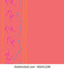 Seamless vertical pattern of zodiac signs motif,sagittarius, capricorn, stripes, object, copy space. Hand drawn.