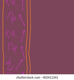Seamless vertical pattern of zodiac signs motif,sagittarius, capricorn, stripes, object, copy space. Hand drawn.