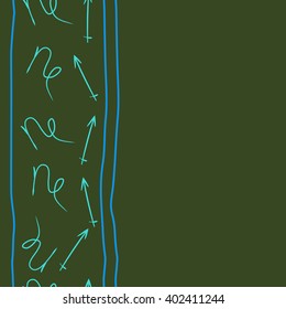 Seamless vertical pattern of zodiac signs motif,sagittarius, capricorn, stripes, object, copy space. Hand drawn.