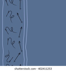 Seamless vertical pattern of zodiac signs motif,sagittarius, capricorn, stripes, object, copy space. Hand drawn.
