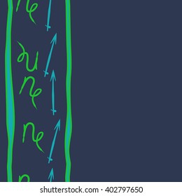 Seamless vertical pattern of zodiac signs motif,sagittarius, capricorn, stripes, object, copy space. Hand drawn.