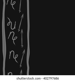 Seamless vertical pattern of zodiac signs motif,sagittarius, capricorn, stripes, object, copy space. Hand drawn.