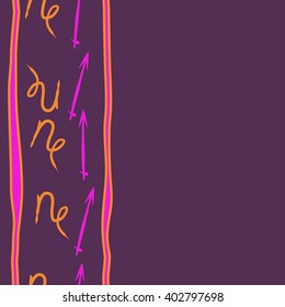 Seamless vertical pattern of zodiac signs motif,sagittarius, capricorn, stripes, object, copy space. Hand drawn.
