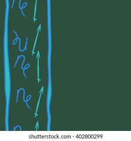 Seamless vertical pattern of zodiac signs motif,sagittarius, capricorn, stripes, object, copy space. Hand drawn.