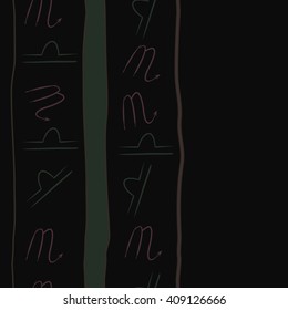 Seamless vertical  pattern of zodiac signs, doodles, libra,scorpio, object, stripes, spots, copy space. Hand drawn.