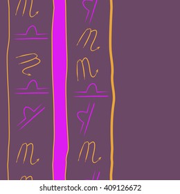 Seamless vertical  pattern of zodiac signs, doodles, libra,scorpio, object, stripes, spots, copy space. Hand drawn.