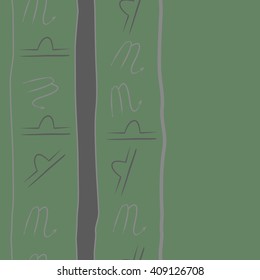 Seamless vertical  pattern of zodiac signs, doodles, libra,scorpio, object, stripes, spots, copy space. Hand drawn.