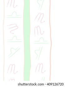 Seamless vertical  pattern of zodiac signs, doodles, libra,scorpio, object, stripes, spots, copy space. Hand drawn.