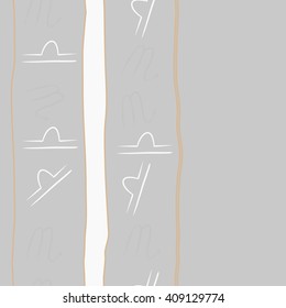 Seamless vertical  pattern of zodiac signs, doodles, libra,scorpio, object, stripes, spots, copy space. Hand drawn.
