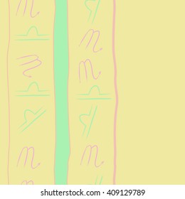 Seamless vertical  pattern of zodiac signs, doodles, libra,scorpio, object, stripes, spots, copy space. Hand drawn.