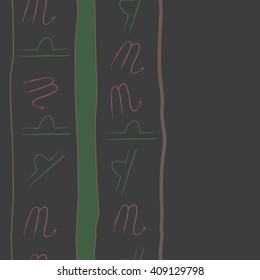 Seamless vertical  pattern of zodiac signs, doodles, libra,scorpio, object, stripes, spots, copy space. Hand drawn.