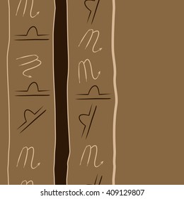 Seamless vertical  pattern of zodiac signs, doodles, libra,scorpio, object, stripes, spots, copy space. Hand drawn.