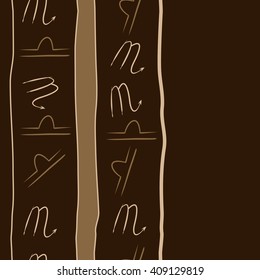 Seamless vertical  pattern of zodiac signs, doodles, libra,scorpio, object, stripes, spots, copy space. Hand drawn.