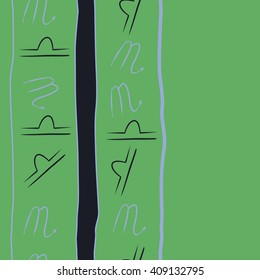 Seamless vertical  pattern of zodiac signs, doodles, libra,scorpio, object, stripes, spots, copy space. Hand drawn.
