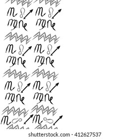 Seamless vertical pattern of zodiac signs, doodles,lions, capricorn,object,aquarius, virgo,sagittarius,scorpio, copy space. Hand drawn.