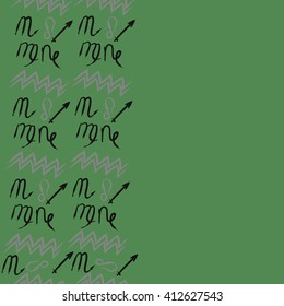 Seamless vertical pattern of zodiac signs, doodles,lions, capricorn,object,aquarius, virgo,sagittarius,scorpio, copy space. Hand drawn.