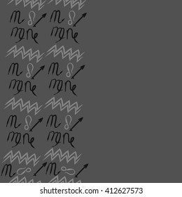 Seamless vertical pattern of zodiac signs, doodles,lions, capricorn,object,aquarius, virgo,sagittarius,scorpio, copy space. Hand drawn.